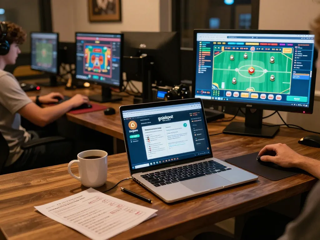 Engaging with the gojekpot platform on a modern laptop surrounded by strategic betting notes in a cozy setting