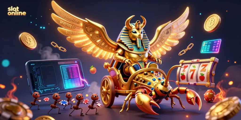 Experience immersive gameplay with slot online in a vibrant 3D casino scene featuring a pharaoh beetle and golden scorpions.