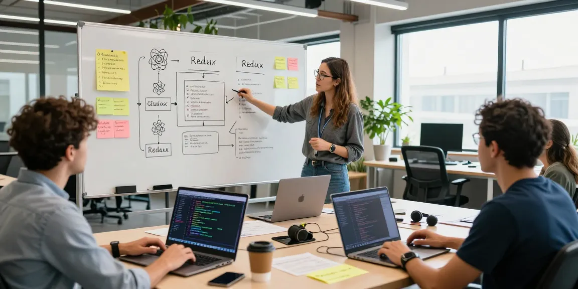 Collaboration among developers brainstorming React Redux projects for beginners in a modern co-working space