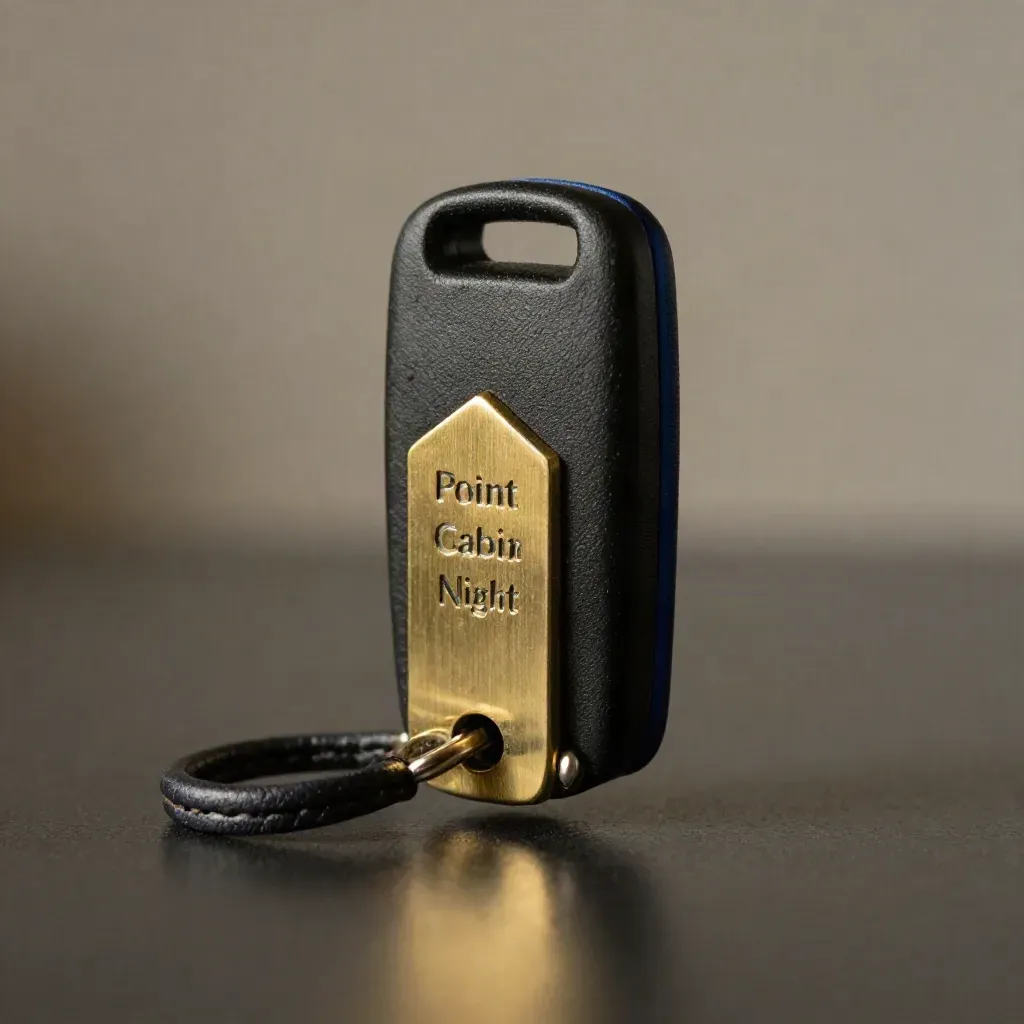 Matte black cabin key fob, brass token and leather loop floating in charcoal light