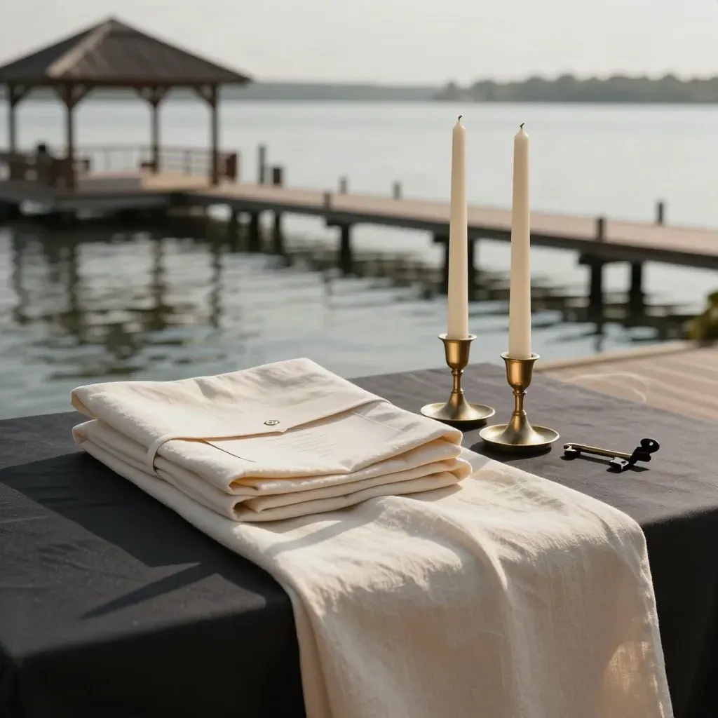 Ivory ceremony bundle with brass candle holders and a sealed pouch on linen beside the water.