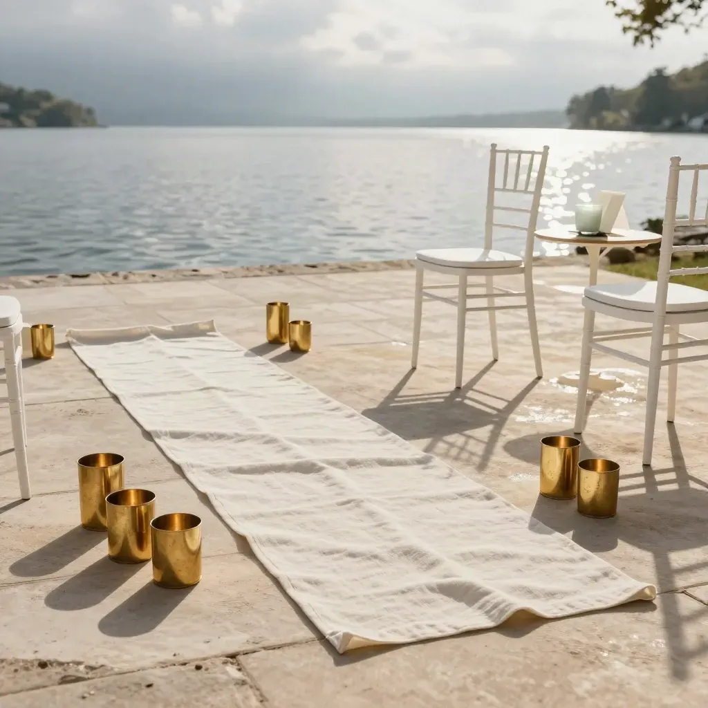 Lakeside wedding bundle with brass candleholders, stacked chairs, and a linen runner.