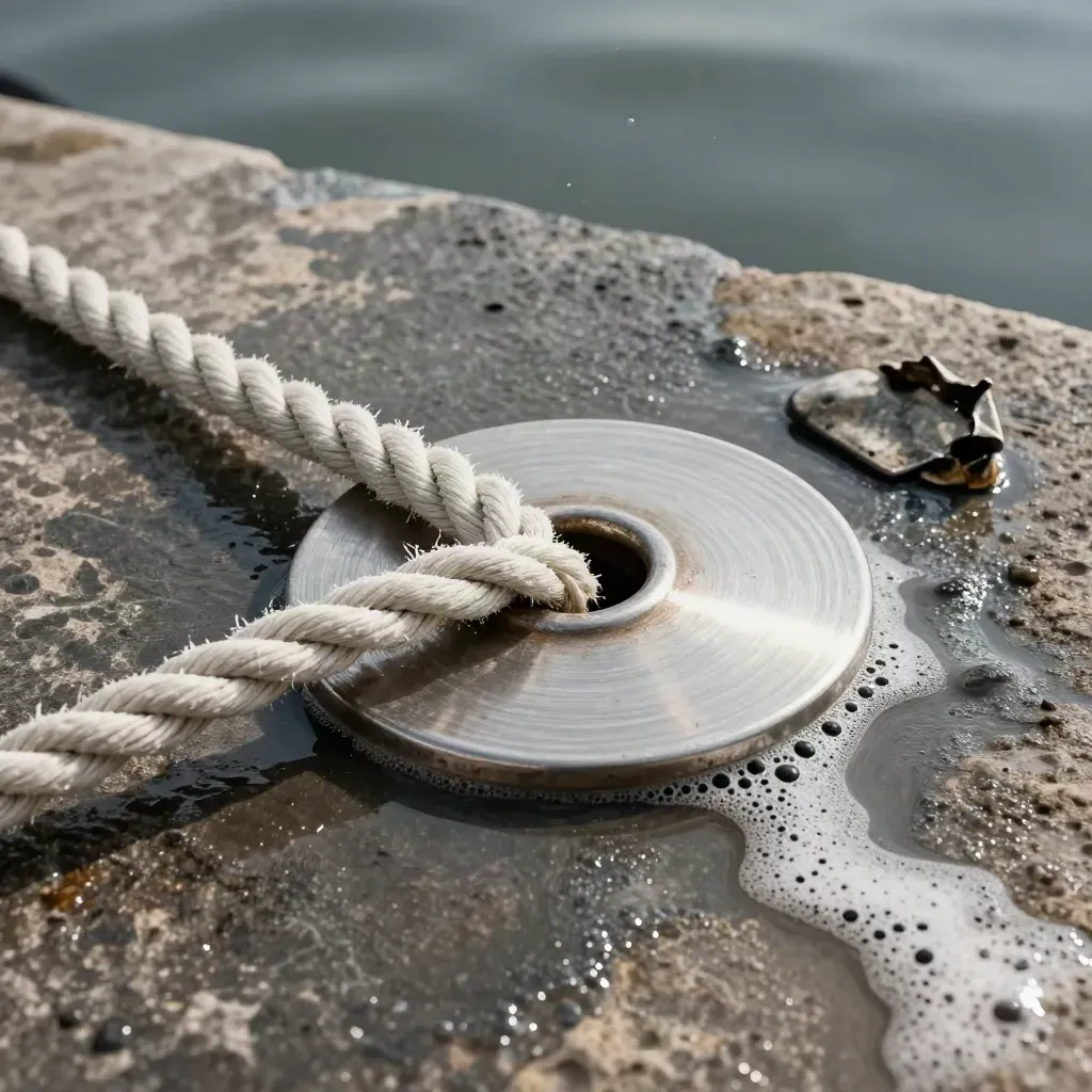 Top-down dock pass disc, rope loop, and cleat fragment on wet stone.