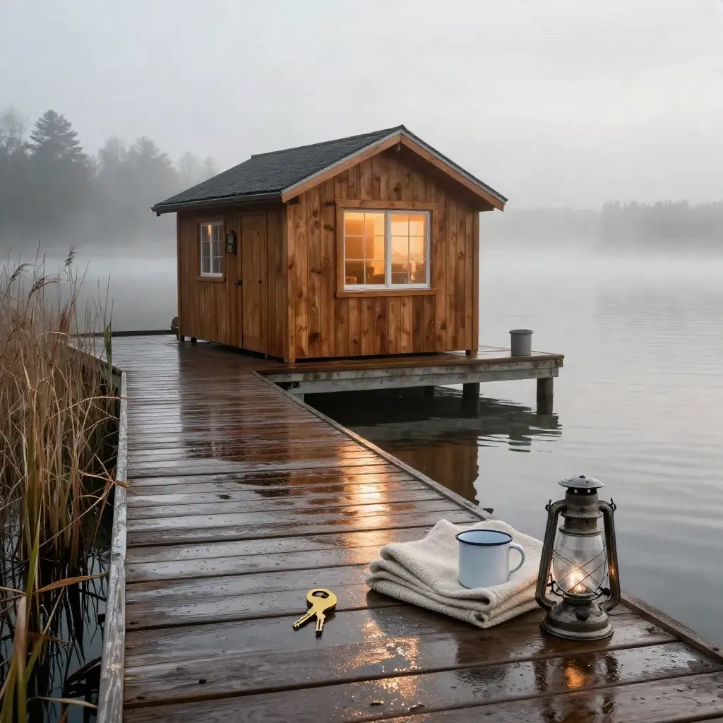 Cedar waterfront cabin at dawn with mist, wet dock, lantern, mug, throw, and keys