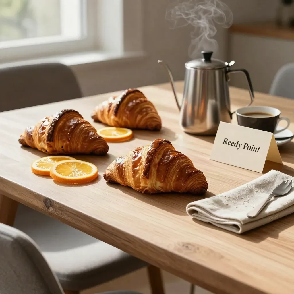 Brunch table with croissants, citrus, steaming coffee pot and linen napkins in morning light
