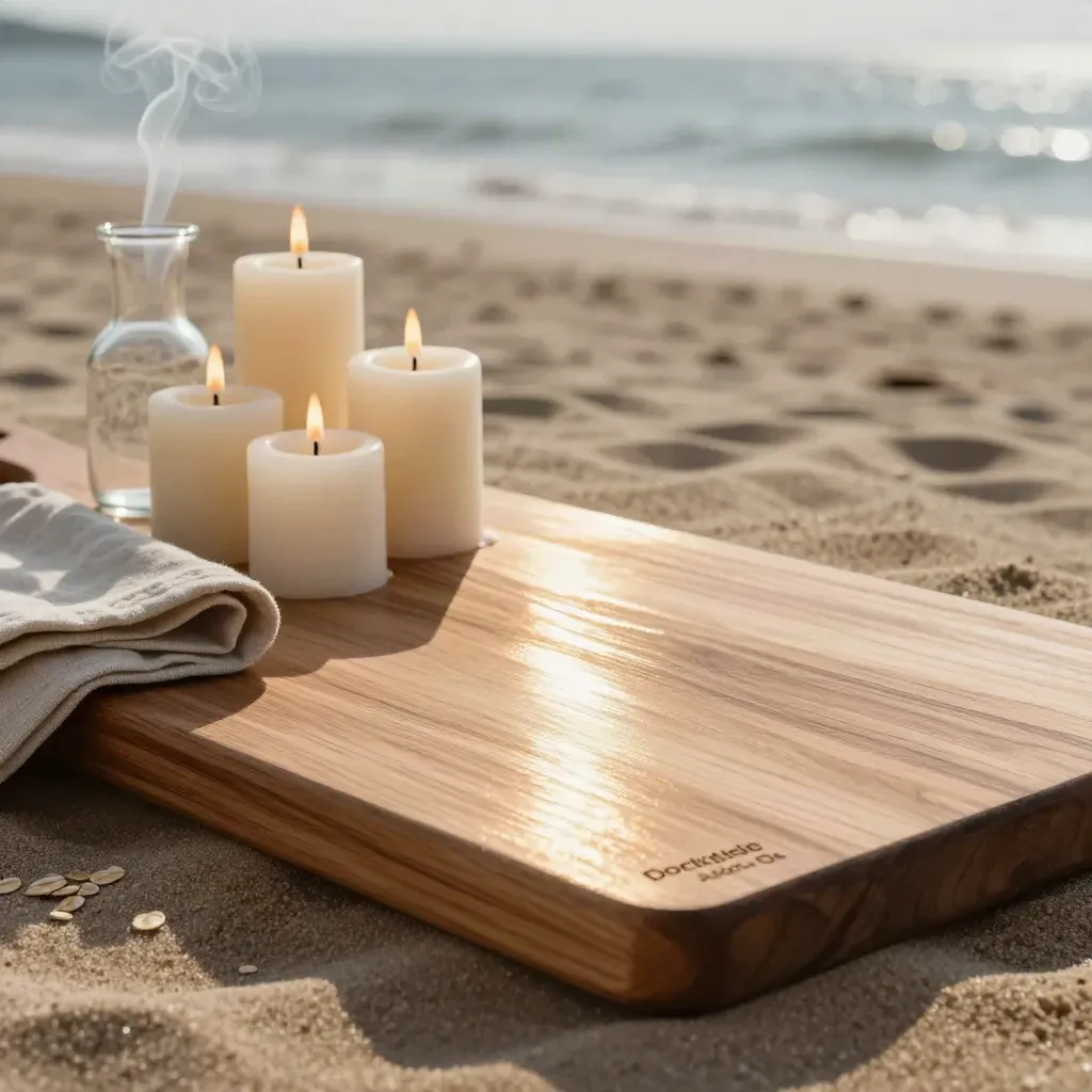 Cedar serving board with candles, linen, and carafe beside a blurred waterfront