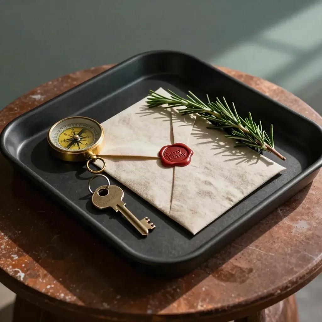 Brass compass, room key, sealed pouch, and rosemary on a black tray with dramatic studio light