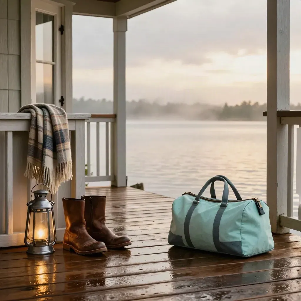 Storm-cleared cabin porch with boots, lantern, throw and overnight bag by an open door.
