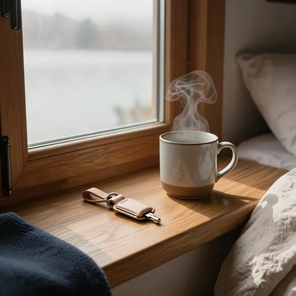Cabin key fob, steaming mug and rumpled duvet on a bedside bench by a misty lake window.