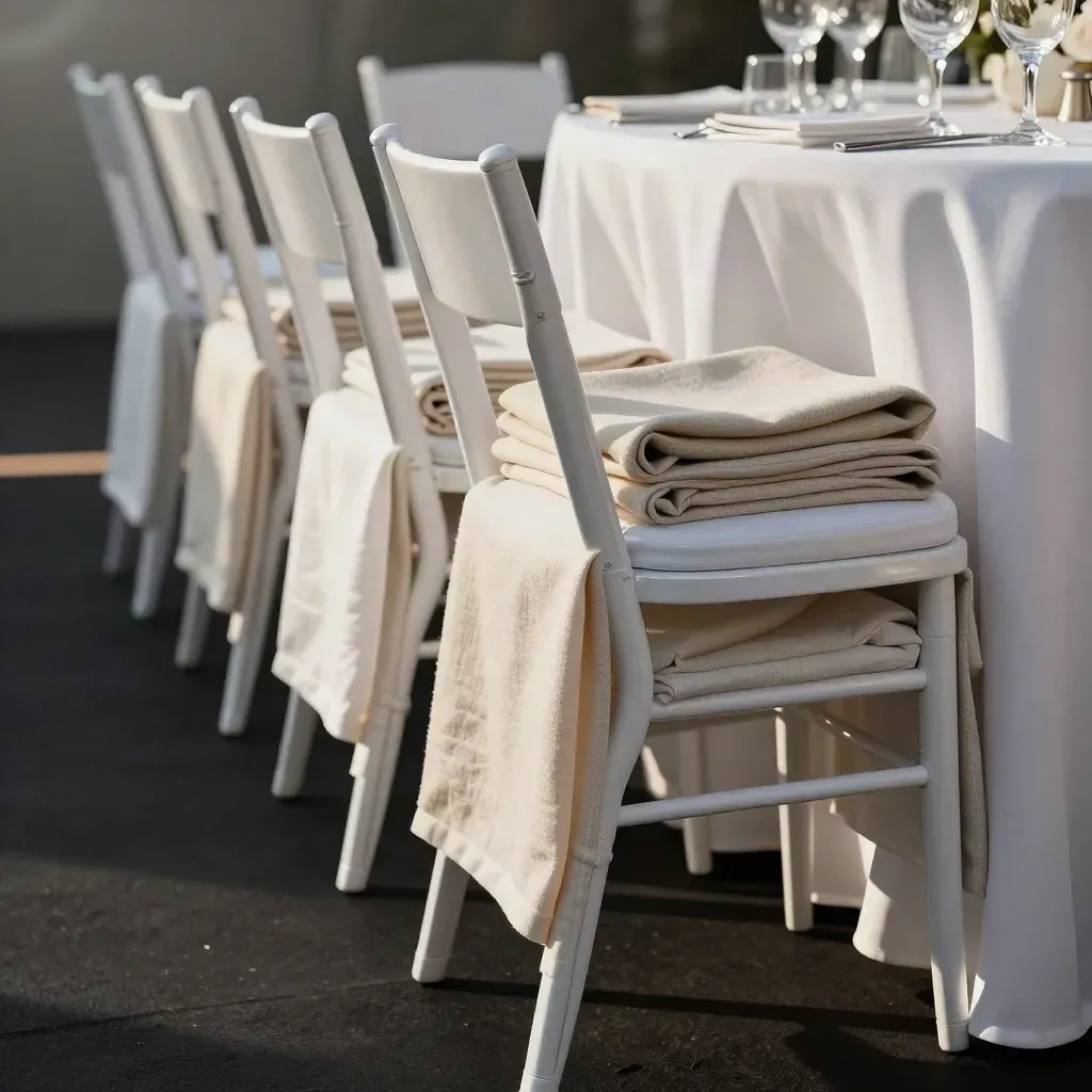 White ceremony chairs, linen runners, and a round table edge in a dark dramatic studio setup.