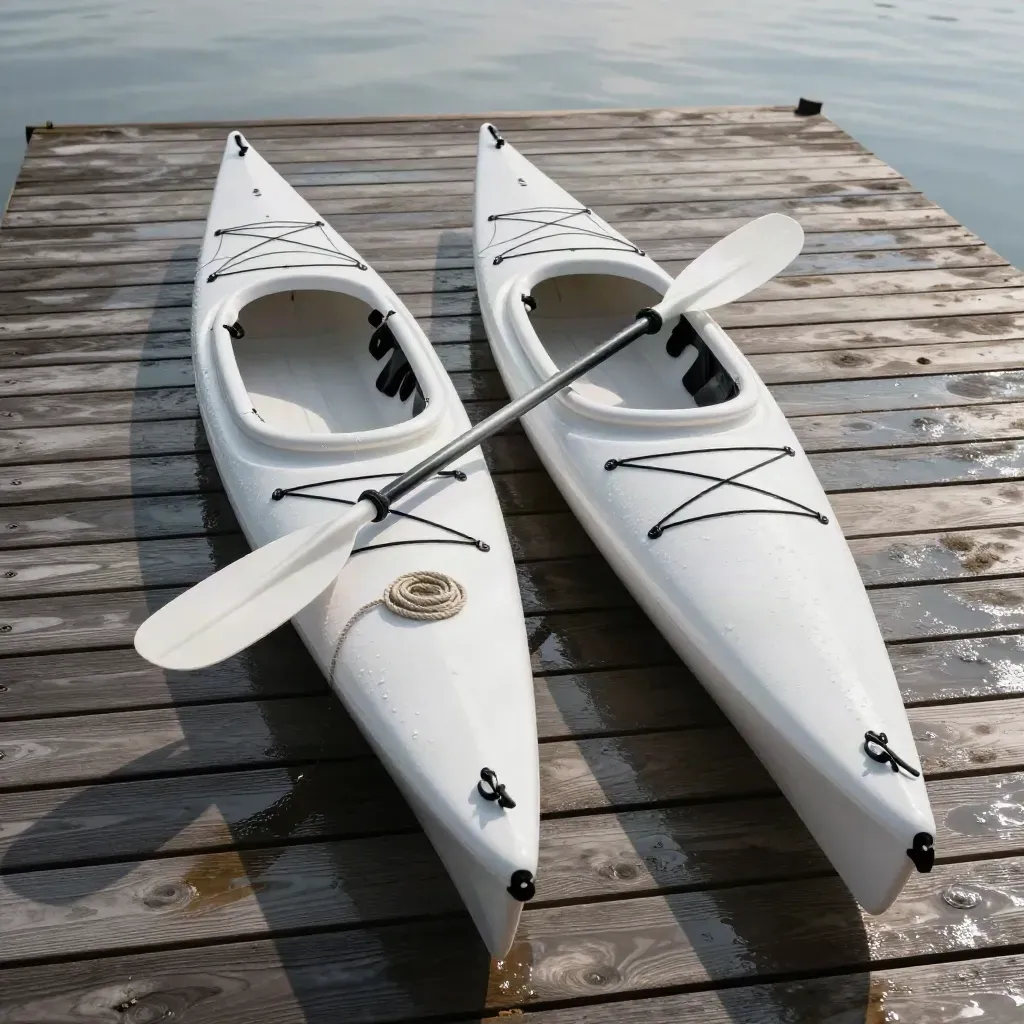 Overhead flatlay of two white kayaks, paddles and rope on wet dock planks with lake spray.