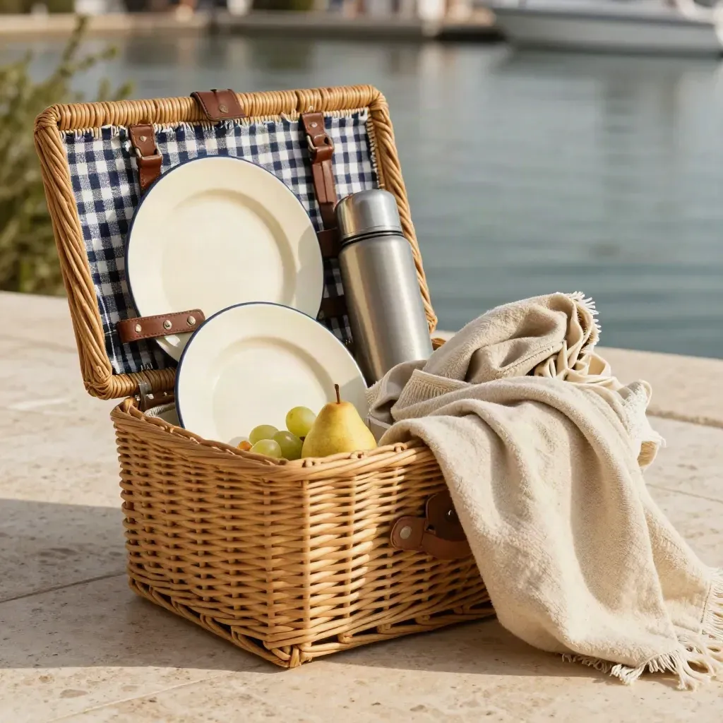 Woven picnic basket with enamel plates, blanket, thermos, and fruit on a travertine terrace.