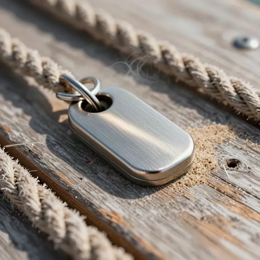 Brushed metal marina token with dock rope and key ring on weathered teak.