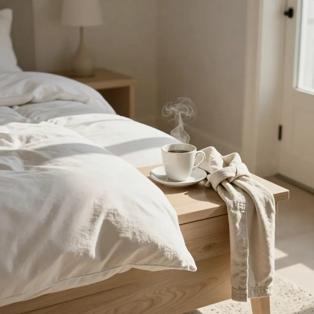 Unmade bed edge, coffee cup, and robe belt beside a sunlit bedside table in a quiet room.