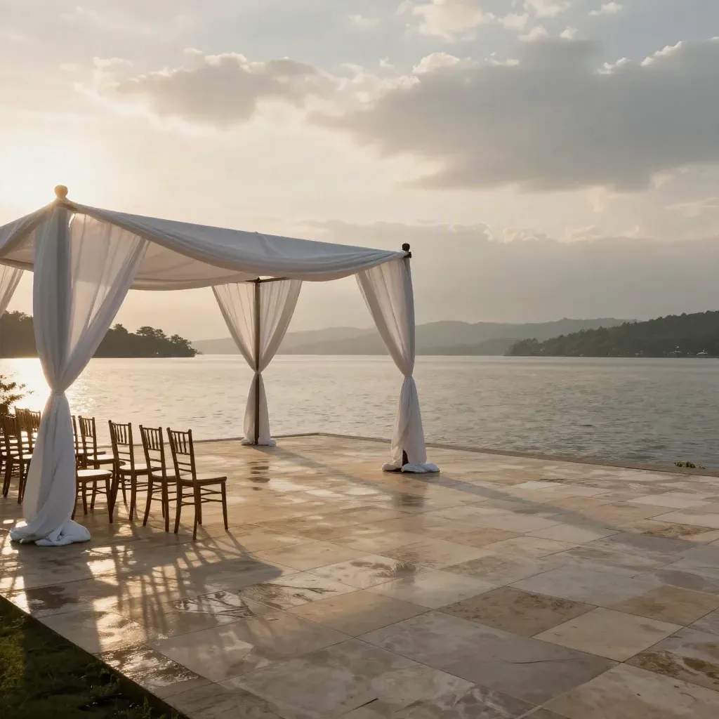 Sunlit empty lakeside wedding terrace with sailcloth, chairs, stone paving, and calm water.
