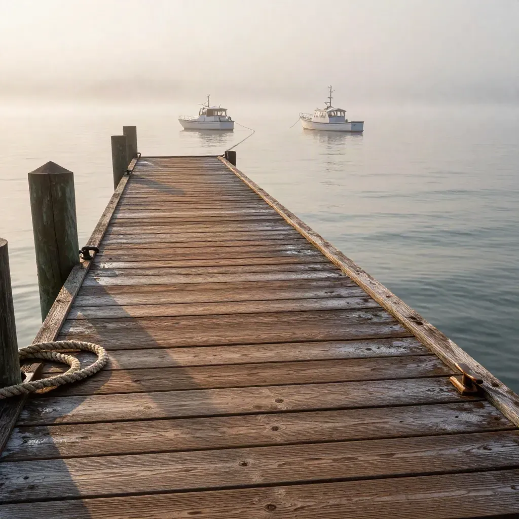 Foggy wooden marina dock with boats, pilings and rope at sunrise