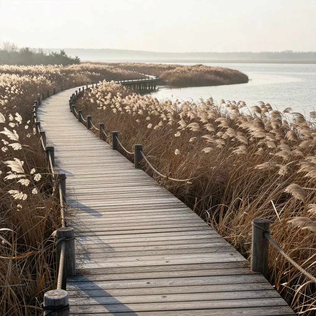 Reed-lined boardwalk curving to a misty cove with calm water and shoreline