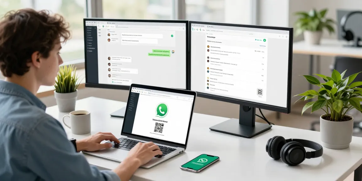 Efficient workspace showcasing WhatsApp網頁版 with dual monitors and laptop.