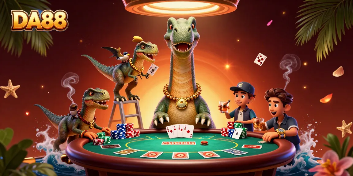 Experience the excitement of DA88 casino as the playful brontosaurus watches a clever raptor deal cards.