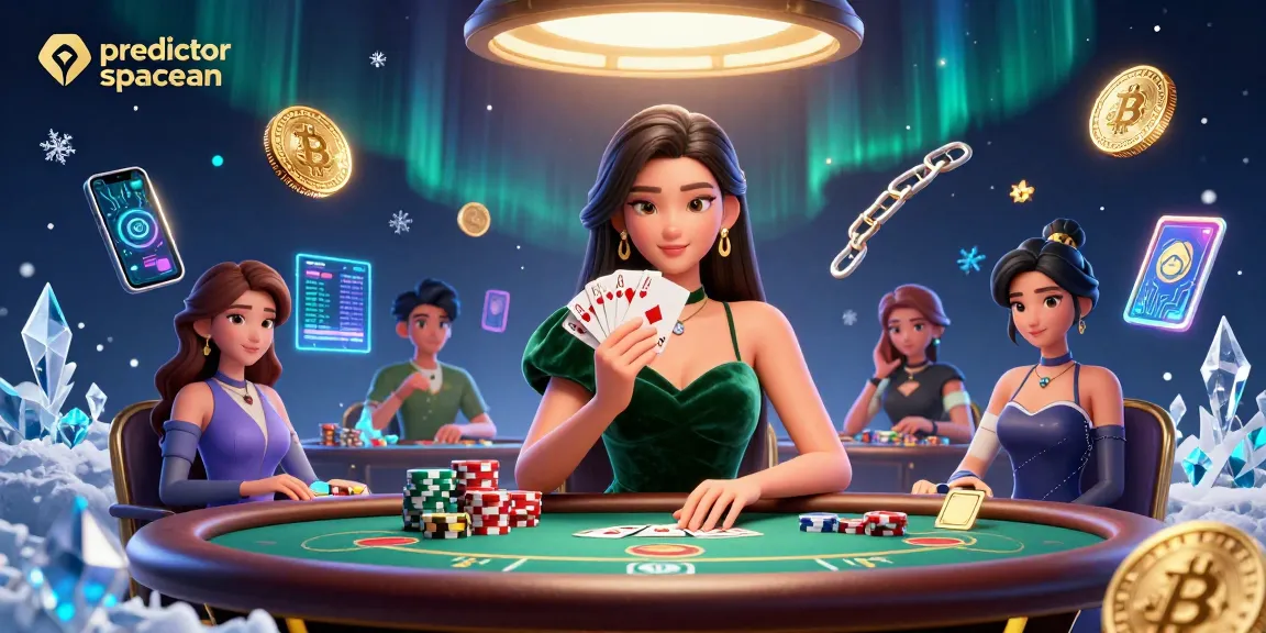 Engage with predictor spaceman as a beautiful Asian woman plays poker, surrounded by vibrant 3D gaming elements.