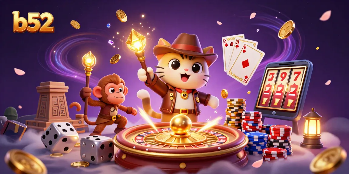 Engage with b52 in this thrilling 3D scene showcasing an adventurous cat and monkey at a golden casino