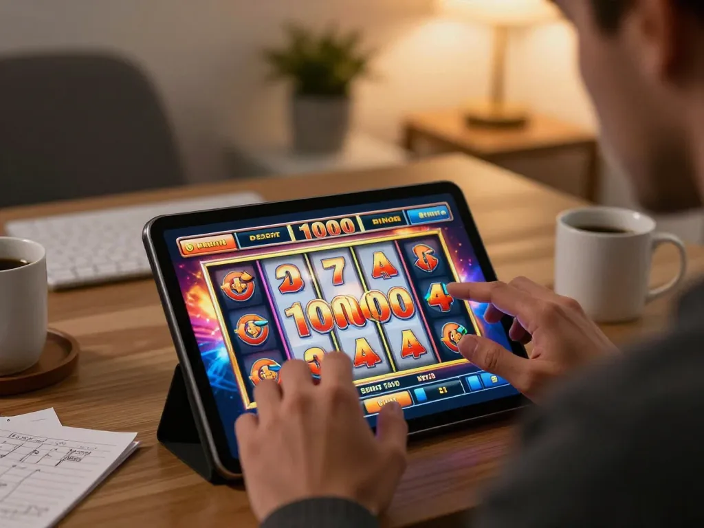 Engaged player exploring slot deposit 1000 options on mobile device, showcasing the thrill of online gambling.