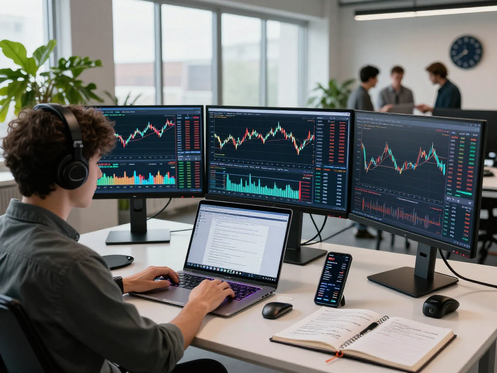 Engaged trader using TradingView in a modern workspace with multiple monitors and smart tech.