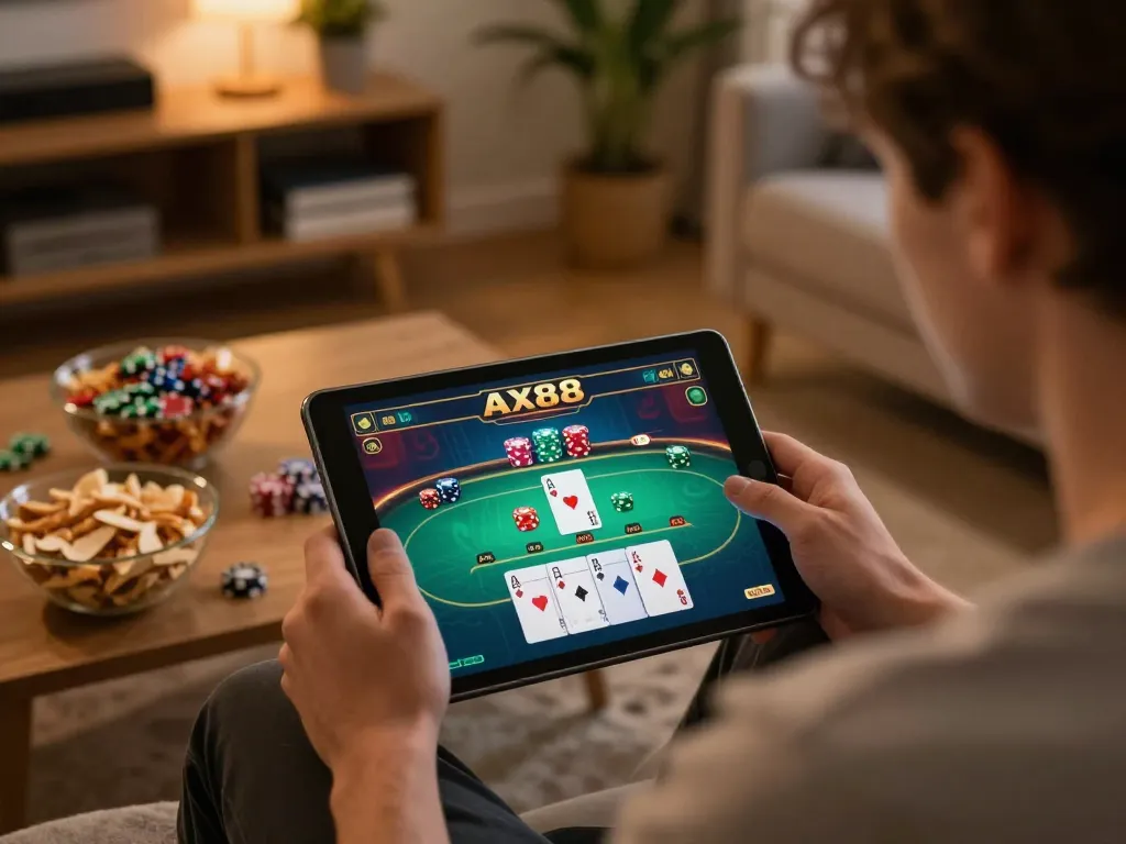 AX88 win as player immerses in online poker, showcasing home gaming setup with tablet and comfortable ambiance.