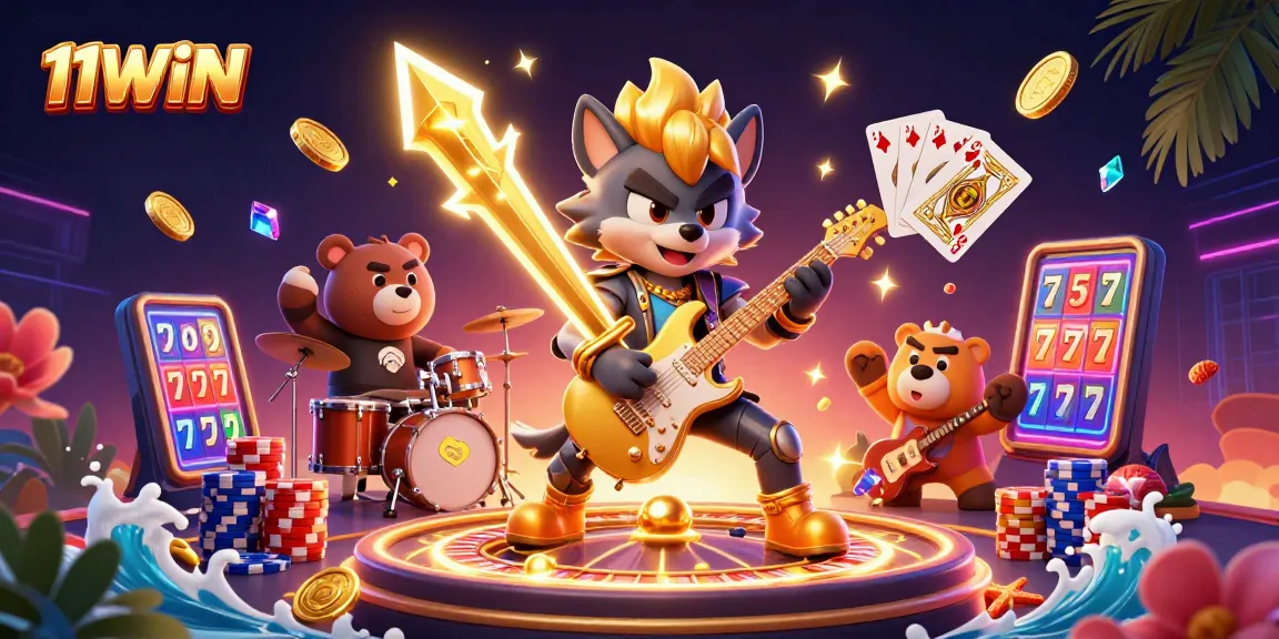 Experience the excitement of 11WIN with a vibrant casino scene featuring dynamic characters and game elements.