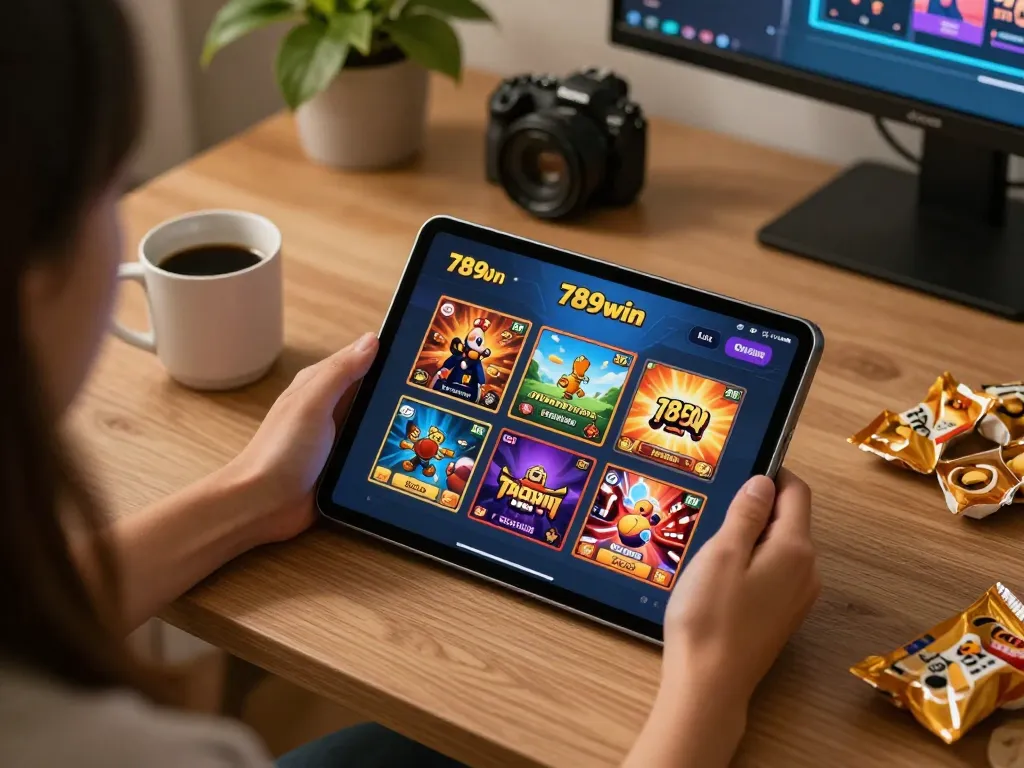 Engaging with app 789win on a tablet, enjoying online casino games in a cozy setting.