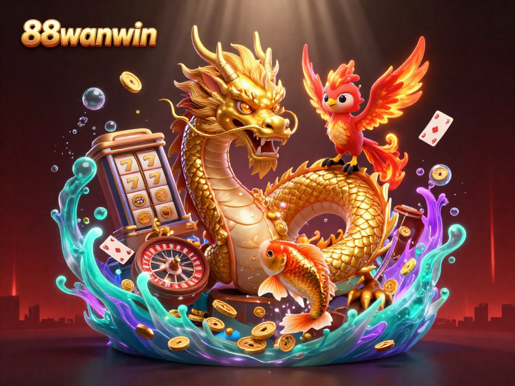 Experience the exciting world of 88wanwin with this vibrant 3D illustration showcasing slot reels and a golden dragon.