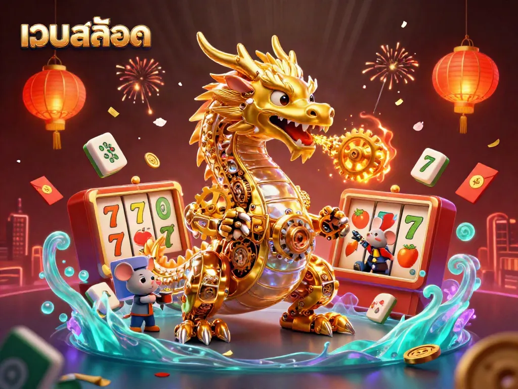 Engage with เว็บสล็อต through the energetic scene featuring a golden dragon and vibrant game elements.