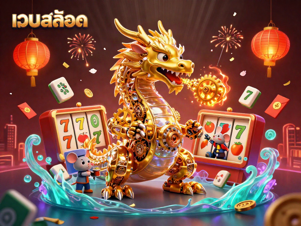 Engage with เว็บสล็อต through the energetic scene featuring a golden dragon and vibrant game elements.