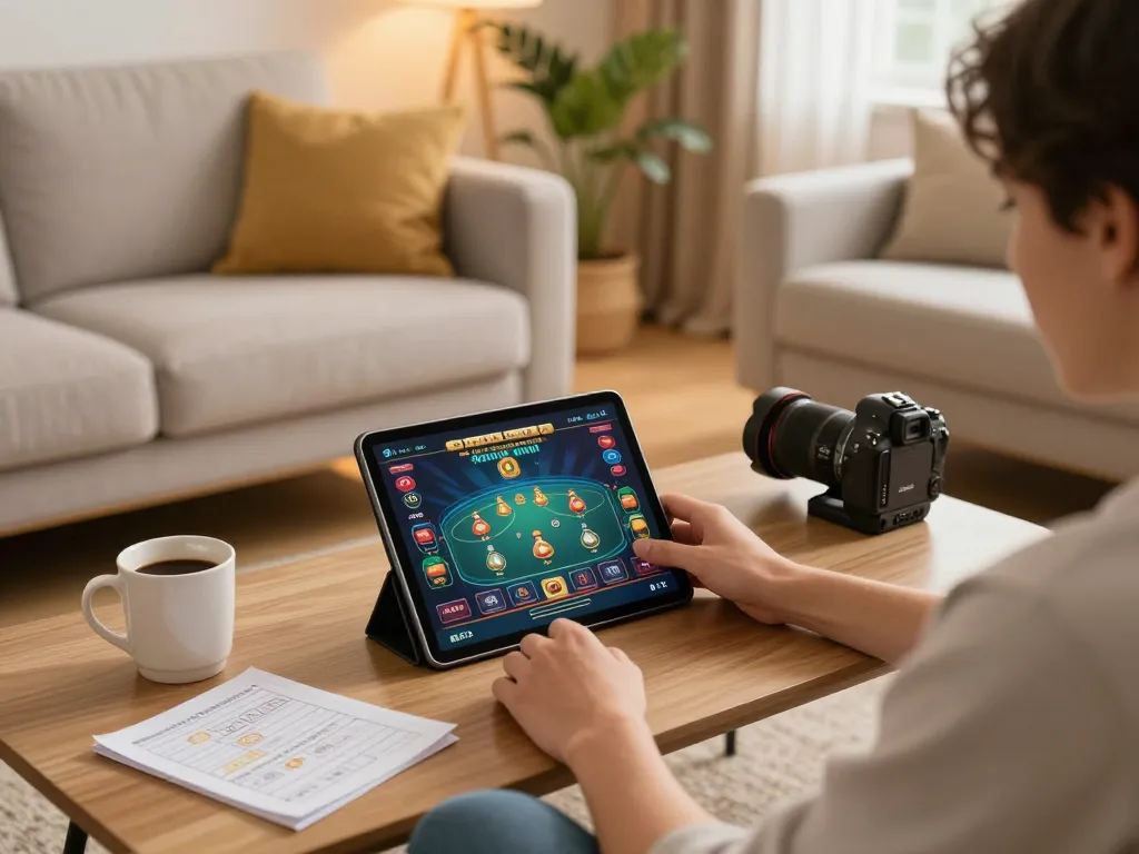 Engaging in online casinos Canada while using a tablet in a cozy home setting