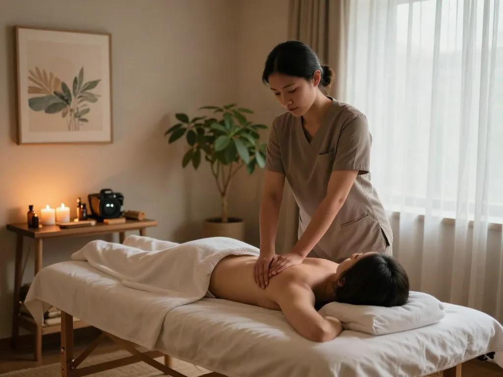 Relaxing 주엽동출장마사지 scene with therapist and client in ambient therapy room.