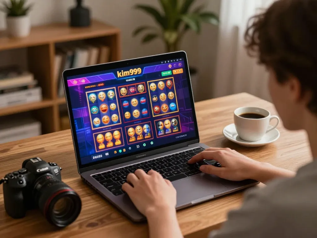Engaging in a strategic online gaming session on kim999 with vibrant slot games displayed