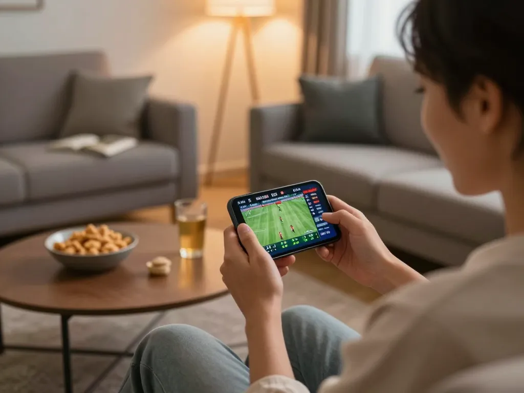 Engaged bettor using smartphone for sports betting at home, featuring 678vip.