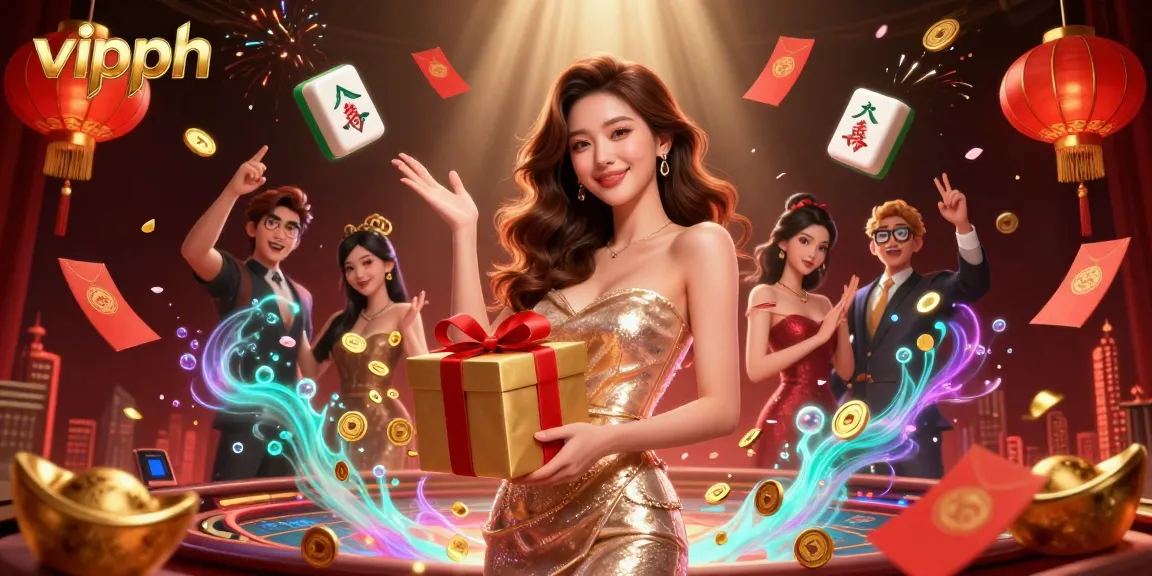 Experience excitement at vipph with a stunning festive casino scene featuring a welcoming Asian woman.