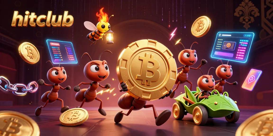 hitclub showcases a 3D cartoon heist with ants carrying a giant poker chip, surrounded by vibrant casino elements