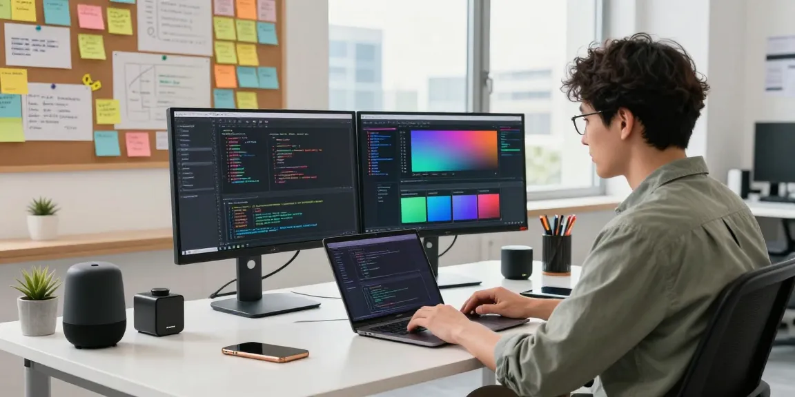 Dynamic workspace showcasing 截图软件下载 with dual monitors, vibrant post-it notes, and a focused developer.