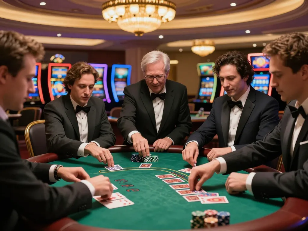 Players engage in an exciting blackjack game at a luxurious casino, highlighting jus77's thrilling gaming experience.