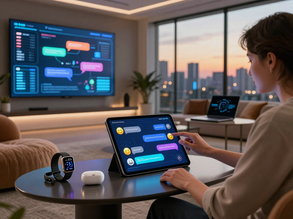 Engaging nsfw chat bot interaction in a modern lounge setting with tablet and futuristic gadgets