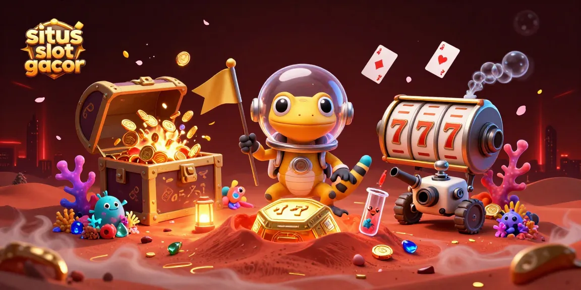 Situs slot gacor jackpot with a 3D Martian gecko and casino elements shining in a cosmic landscape