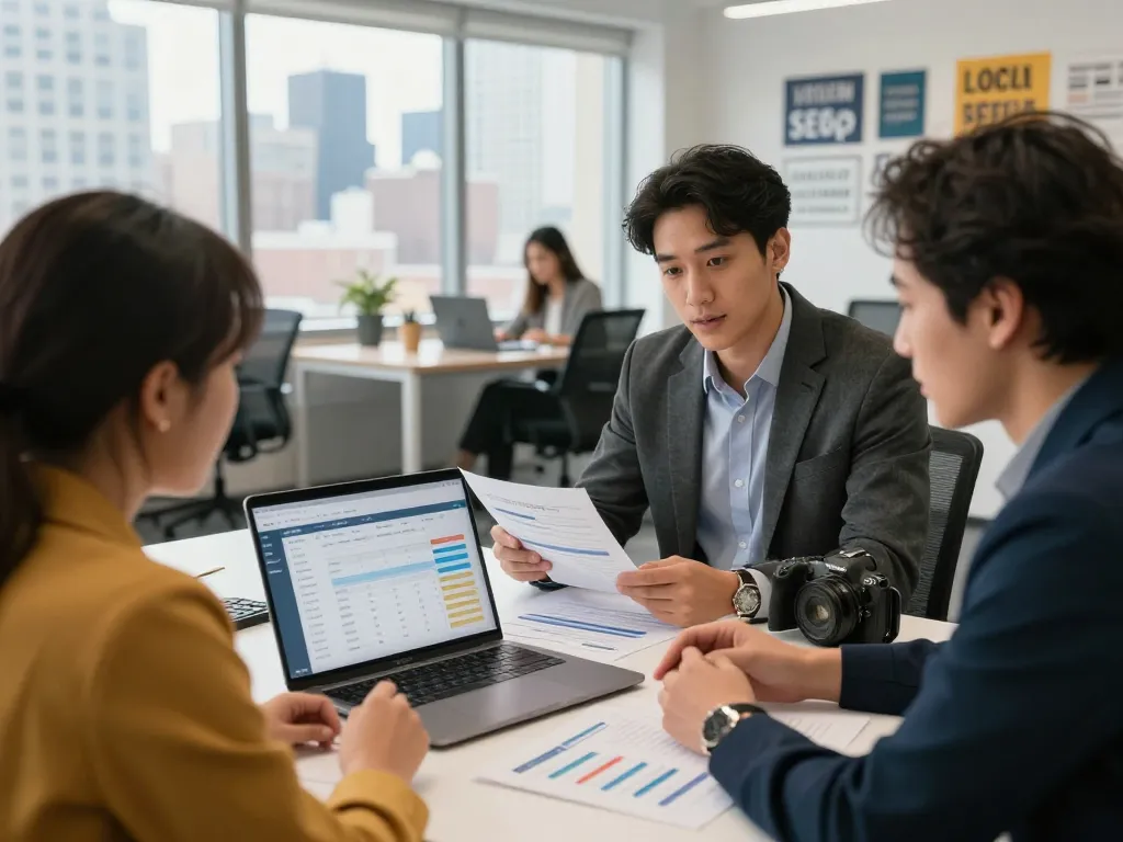 Local SEO NYC strategies discussed by business owner and consultant in a modern office.