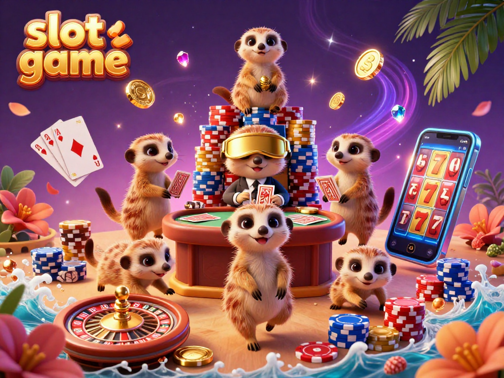 Experience the excitement of a slot game in this vibrant illustration featuring meerkats managing a lively casino.