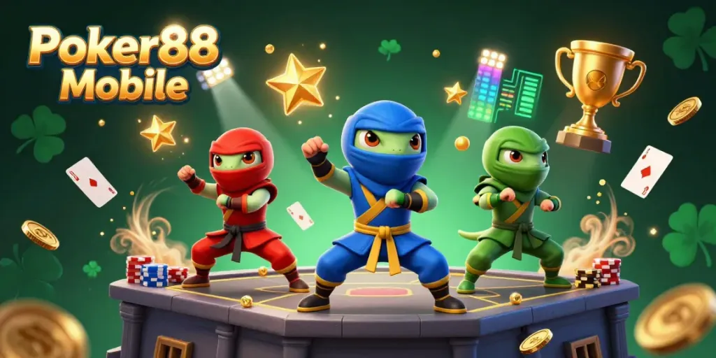 Engage in thrilling Poker88 Mobile adventures with chameleon ninjas amidst dramatic poker action.