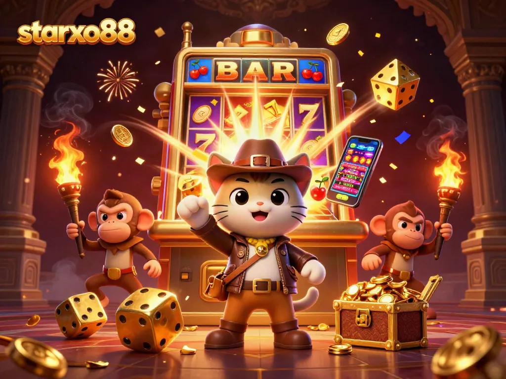 Experience thrilling gameplay at starxo88 with a vibrant scene of a treasure-hunting cat and monkey amid casino symbols.
