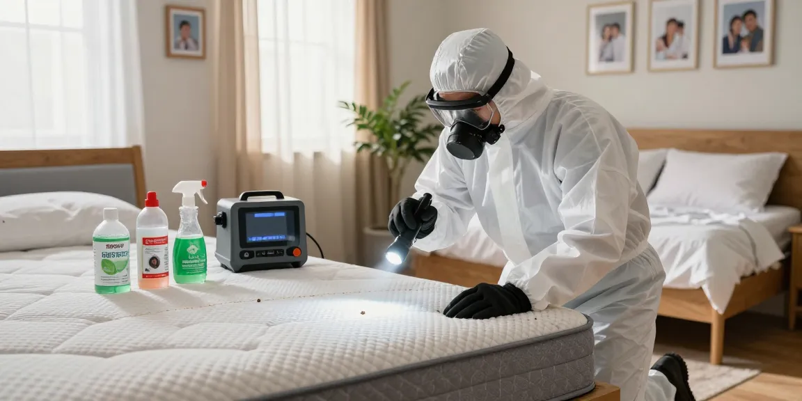 Professional bed bug pest control inspection in a cozy bedroom, exterminator examining mattress seams.