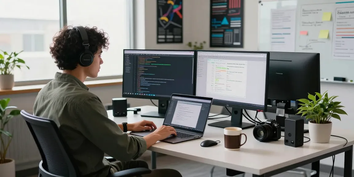 Dynamic tech workspace with a developer coding, focusing on 纸飞机中文版官网 application in a vibrant office.