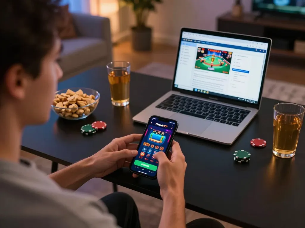 Engaging with 789win777 mobile casino app in a cozy home setting while strategizing gameplay.